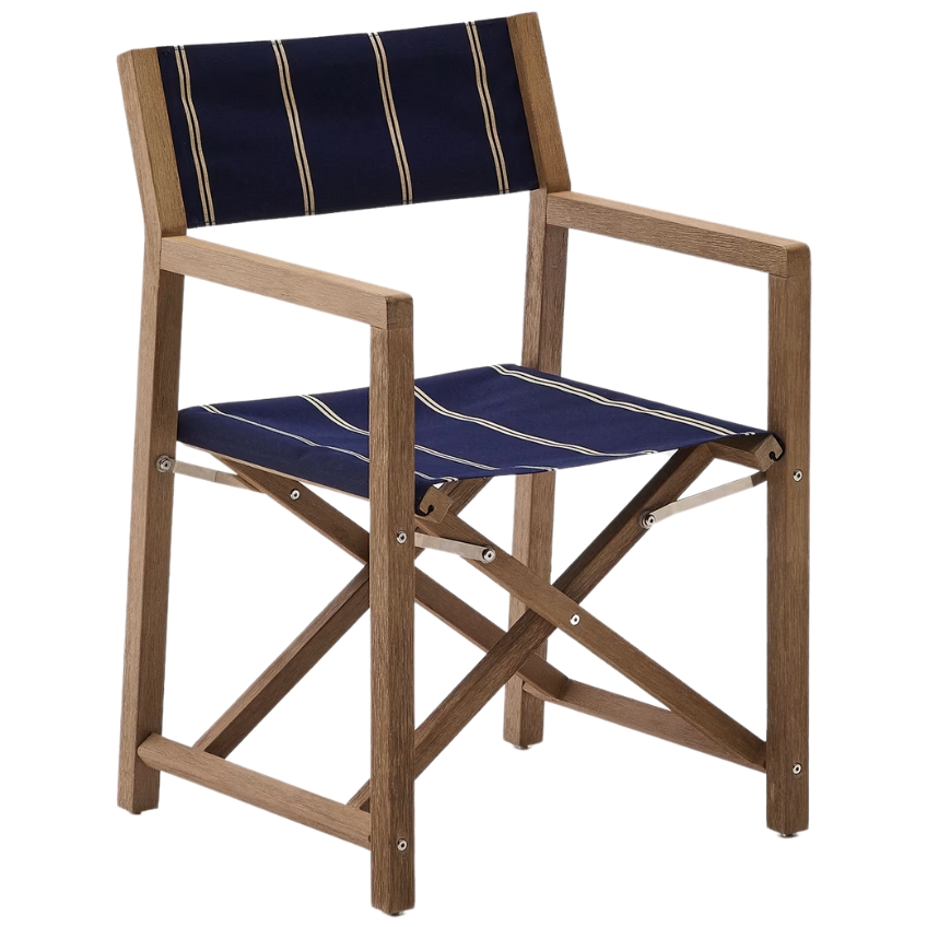 Dřevěná zahradní skládací židle Kave Home Vilara s modro-bílým sedákem
