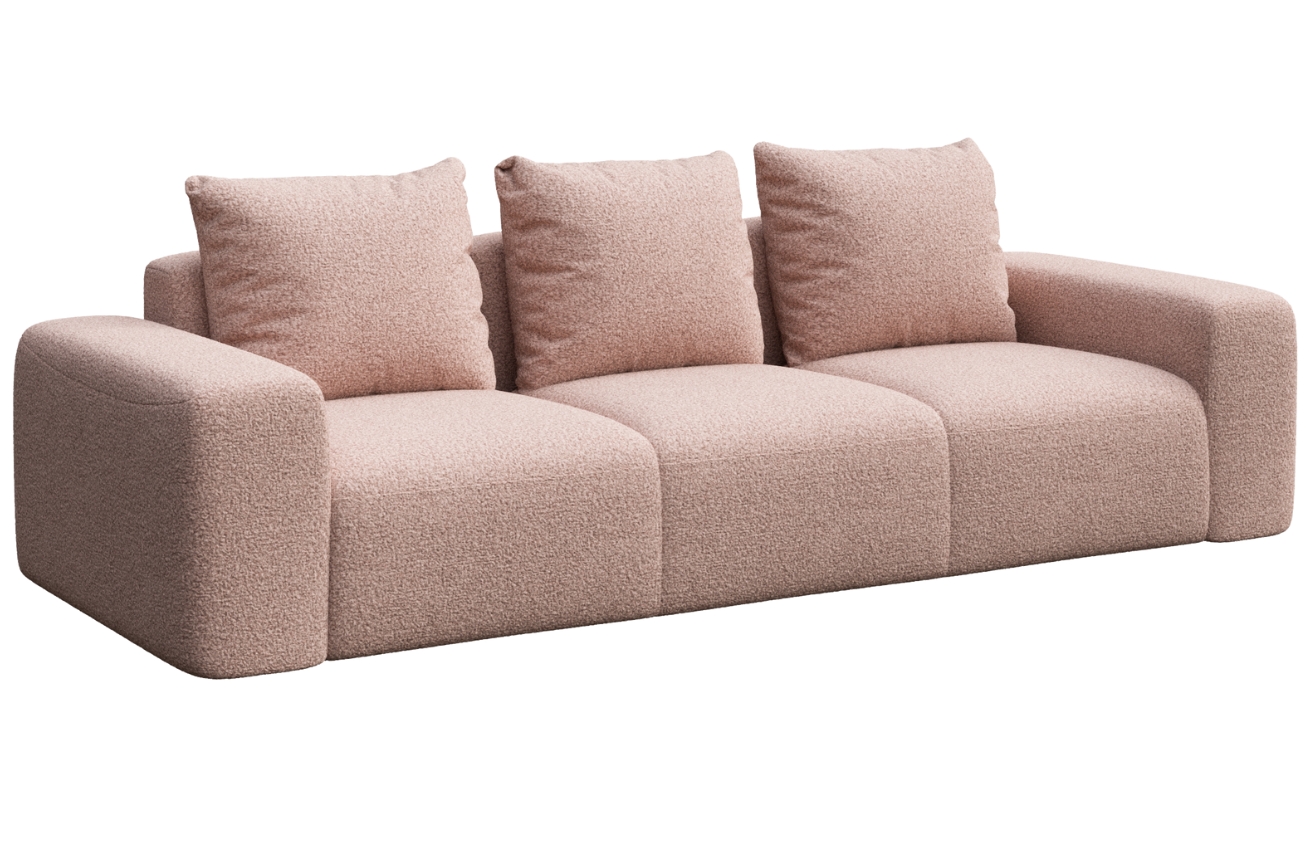 Rodier Růžová bouclé trojmístná pohovka Monce 287 cm