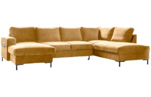 Miuform Hořčicově žlutá sametová rozkládací pohovka Lofty Lilly 303 cm