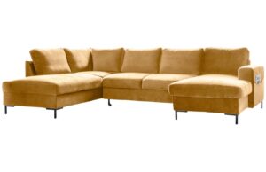 Miuform Hořčicově žlutá sametová rozkládací pohovka Lofty Lilly 303 cm